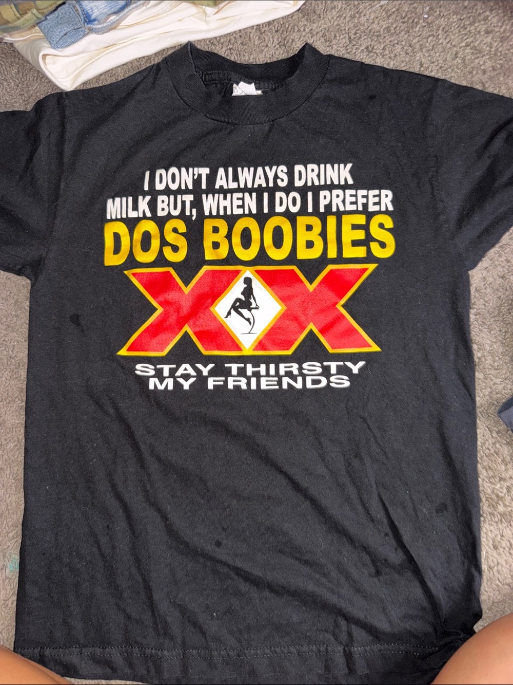 Alstyle Black Tee with Yellow and Red Graphic 'Dos Boobies'